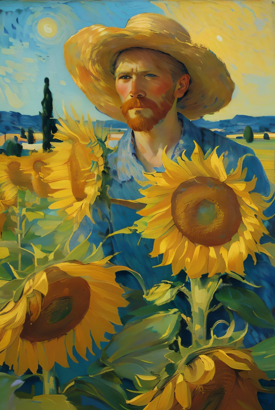 Van Gogh, Straw Hat Hat, vivd colour, himawari, Detailed brush strokes, Impresionismo, self - portrait, swirling sky, Expressive eyes, exquisitedetails, wheat field, Thick textured paint, star night, post impressionist, intense emotions, Rustic charm, Sun-drenched landscape, iconic artist, superb technology