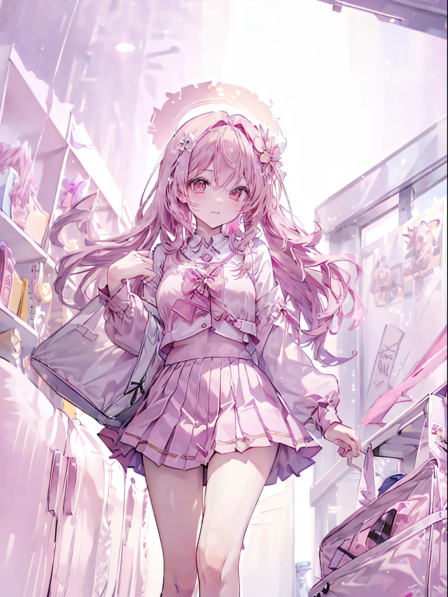 Anime girl in a pink dress walking down a hallway - SeaArt AI