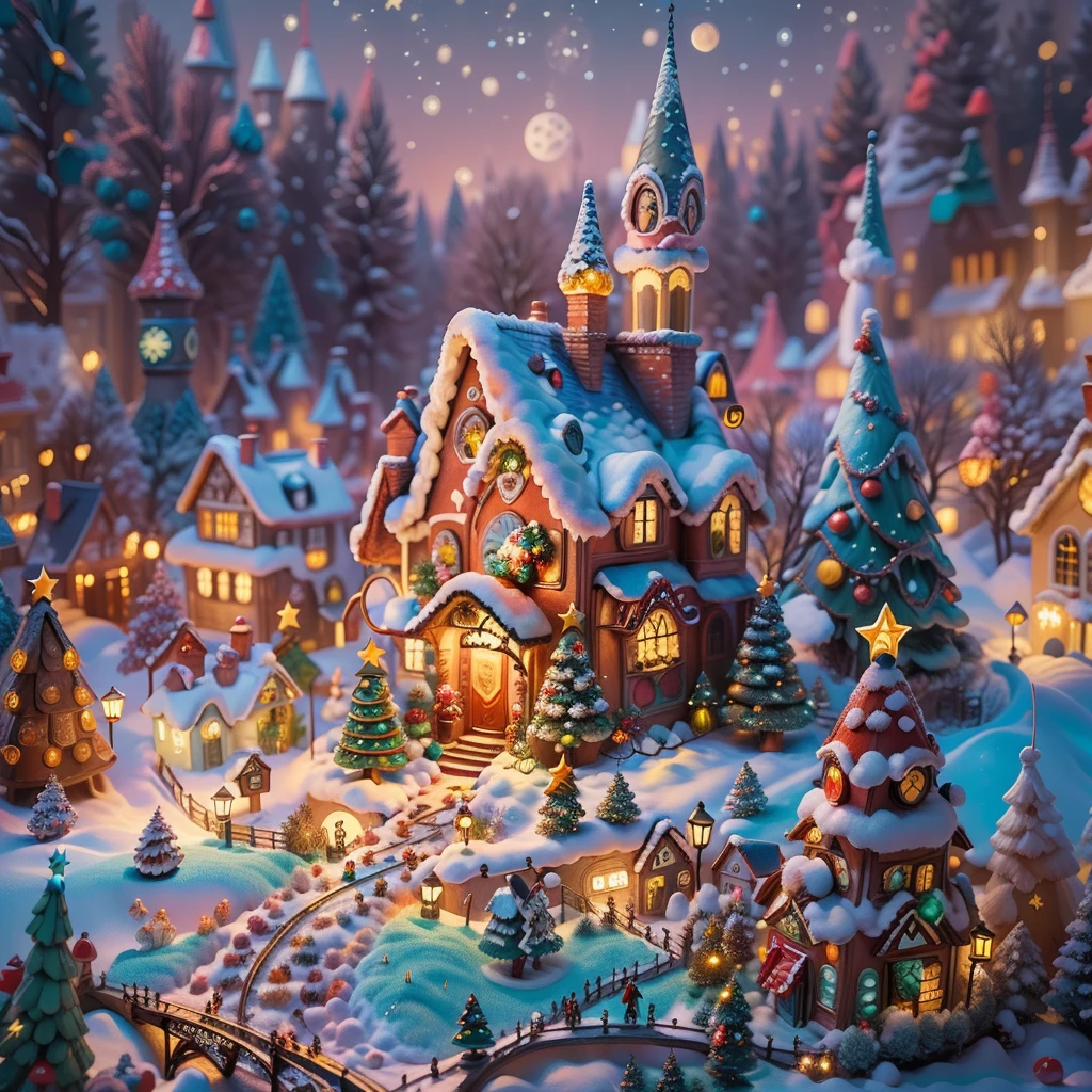 (tmasterpiece),（ultra - detailed：1.3），Best quality at best，（Sparkling:1.2），（Christmas village in dream fairy tale:1.4），(Van Gogh style Christmas architecture: 1.5),（The moon  empty），((Delicious sweets，Christmas tree, gifts, Christmas stockings, cute gingerbread man，chocolate house splash)), Illustration style, Christmas decorations, Fantasy Christmas Town, Lovely design style, natta，snowfield，moon full，Vibrant colors、 ((Whimsical and charming Christmas fairy village fantasy)), Surreal portrait, (Fantasy themed fairy tale village), (whimsical architectural decorations), (Colorful, Landscape full of candy), (enchanting, Magical scenery), (A vibrant, candy colored building), (Candy and Gingerbread Trail), (Candy Castle) in distance, (Rich, fantasticcolors), (Twinkling starour dimensional dream), (Psychedelic and mesmerizing atmosphere), (Playful composition), (Vivid lighting effects), 1.4x realism，hyper HD，Shown in this beautiful scene，（Very meticulous，Reasonable design，Clear lines，High- sharpness，tmasterpiece，offcial art，movie light effect，8K)