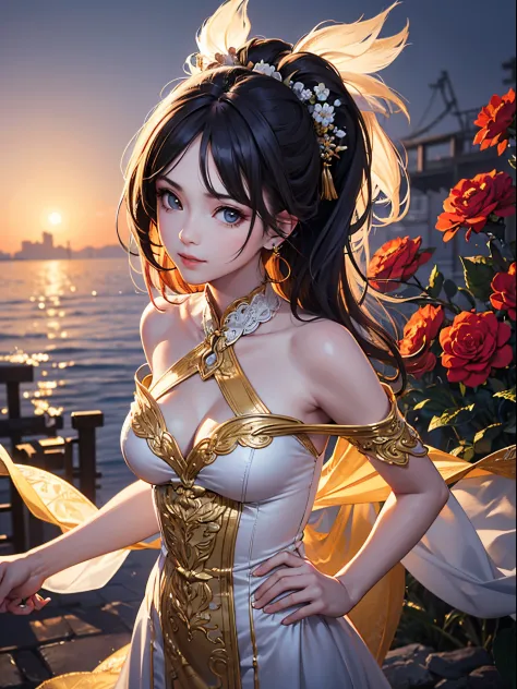 1girl in,
petite and slender face,At the age of 18,
slim figure,alluring posture,Long legs,
(off shoulders),
tight fit dresses,Exquisite earrings,double ponytails,
shimizu,Lakeside,Scattered flowers,Fantastic background,magnificent scene,
cure beauty,Ray t...