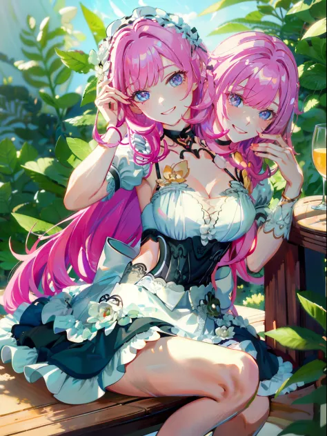 (masterpiece, best quality), best resolution, (3heads:1.5), 1girl, pink hair, blue eyes, sitting, legs crossed, maid dress, smiling, looking at viewer, mouth open