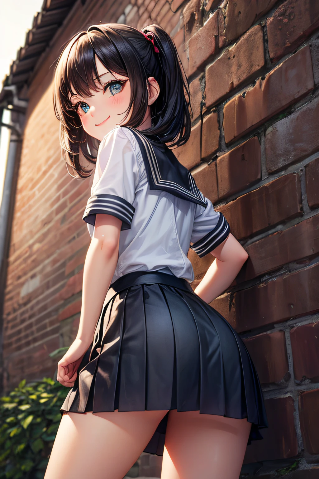 Anime girl in a short skirt posing in front of a brick wall - SeaArt AI