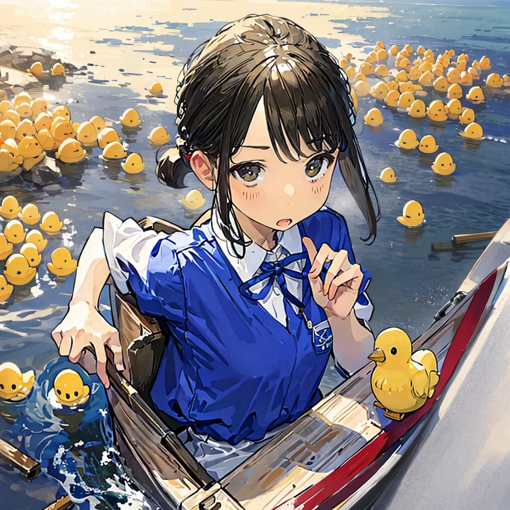 anime girl in rubber boots with rubber duck in water, character  covered in liquid, rubber ducky, rubber duck, junji ito 4 k, snk, from attack on titan, high quality fanart, top rated on pixiv, makoto shinkai and artgerm, in a lake, makoto shinkai. digital render, makoto shinka