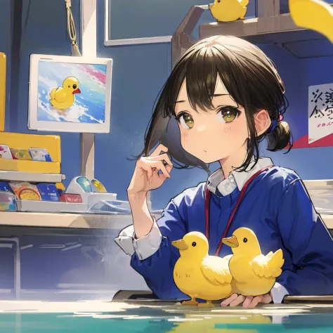 anime girl in rubber boots with rubber duck in water, character  covered in liquid, rubber ducky, rubber duck, junji ito 4 k, sn...