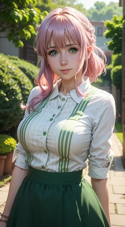 Cute girl,big sized boobs, green colour clothes, white apron, green eyes and pink hair, short skirt, ultra realistic eyes , sunlight and garden background, bright purple eyes, ultra realistic detailed eyes, innocent eyes, looking at camera, beautiful smile, beautiful face,pink colour hair