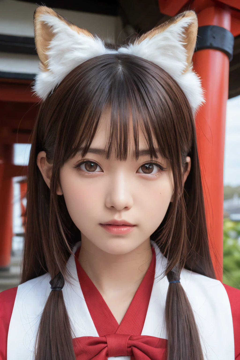 one girl, (a beauty girl, delicate girl:1.3), (16 years old:1.3),
break, (shrine maiden costume:1.3), (fox ears:1.3), ((fox tail:1.3)), zoom in face,
break, very fine eye definition, (symmetrical eyes:1.3),
break, (inari shrine:1.3), (torii:1.3),
break, small breasts, brown eyes, parted bangs, brown hair,  girl,
break, (eyes and faces with detailed:1.0),
break, (masterpiece, best quality, ultra detailed, detailed face, 8k)