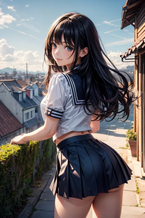 very cute and beautiful girl,teen,(highly detailed beautiful face and eyes:1.2),seifuku,smile,(navy blue pleated mini skirt),
(cowboy shot),(looking back,from behind),leaning forward,from below,white panties,
many european houses with red roof,(town overvi...