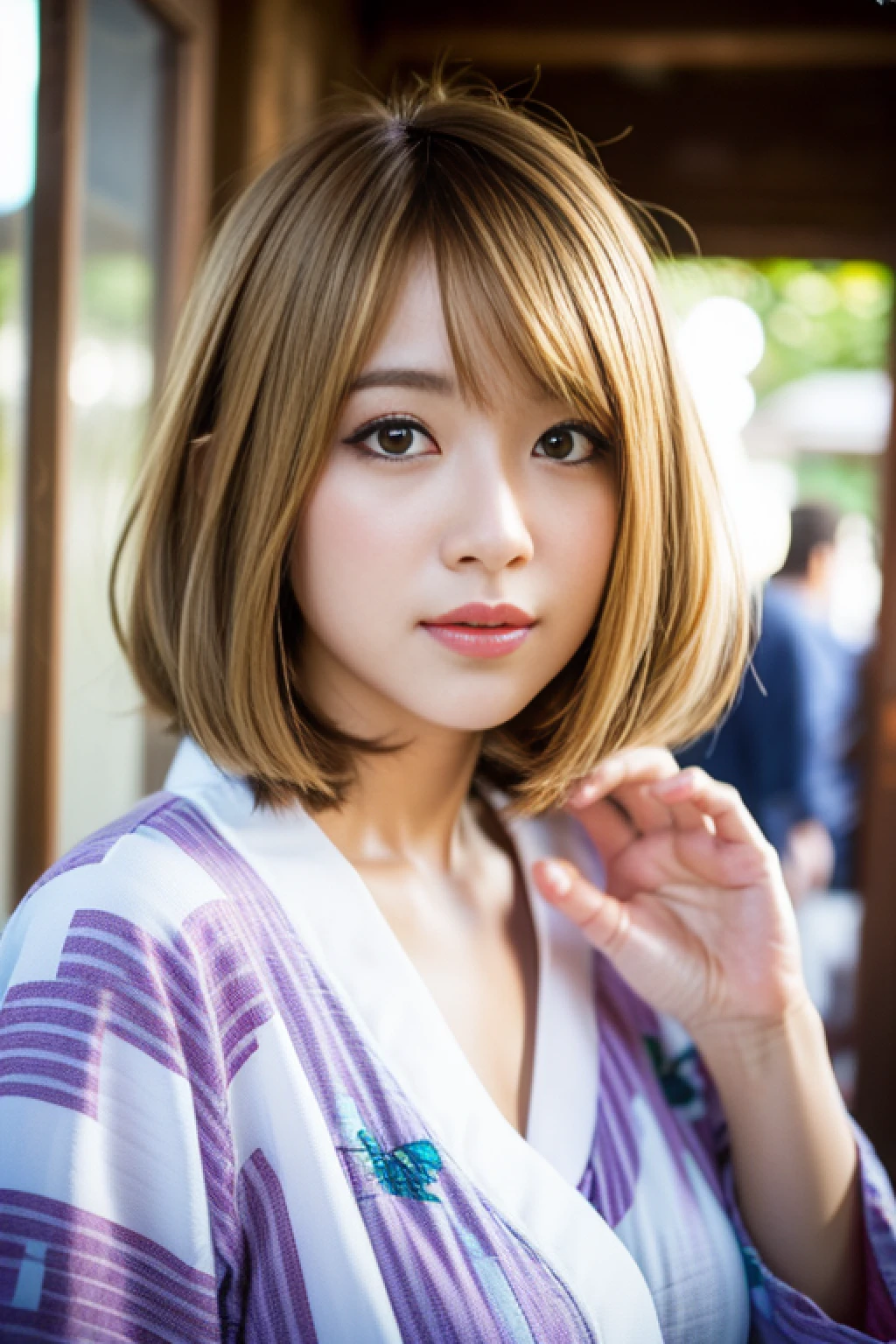 (8K, Raw photo:1.2), Detailed face and eyes,Best Quality, 超A high resolution, Highly detailed ,intricate detailes ,masutepiece ,Cute Girl , Soft cinematic light, Hyper-detailing,Sharp Focus, High quality, Blonde hair, bob cuts, Yukata