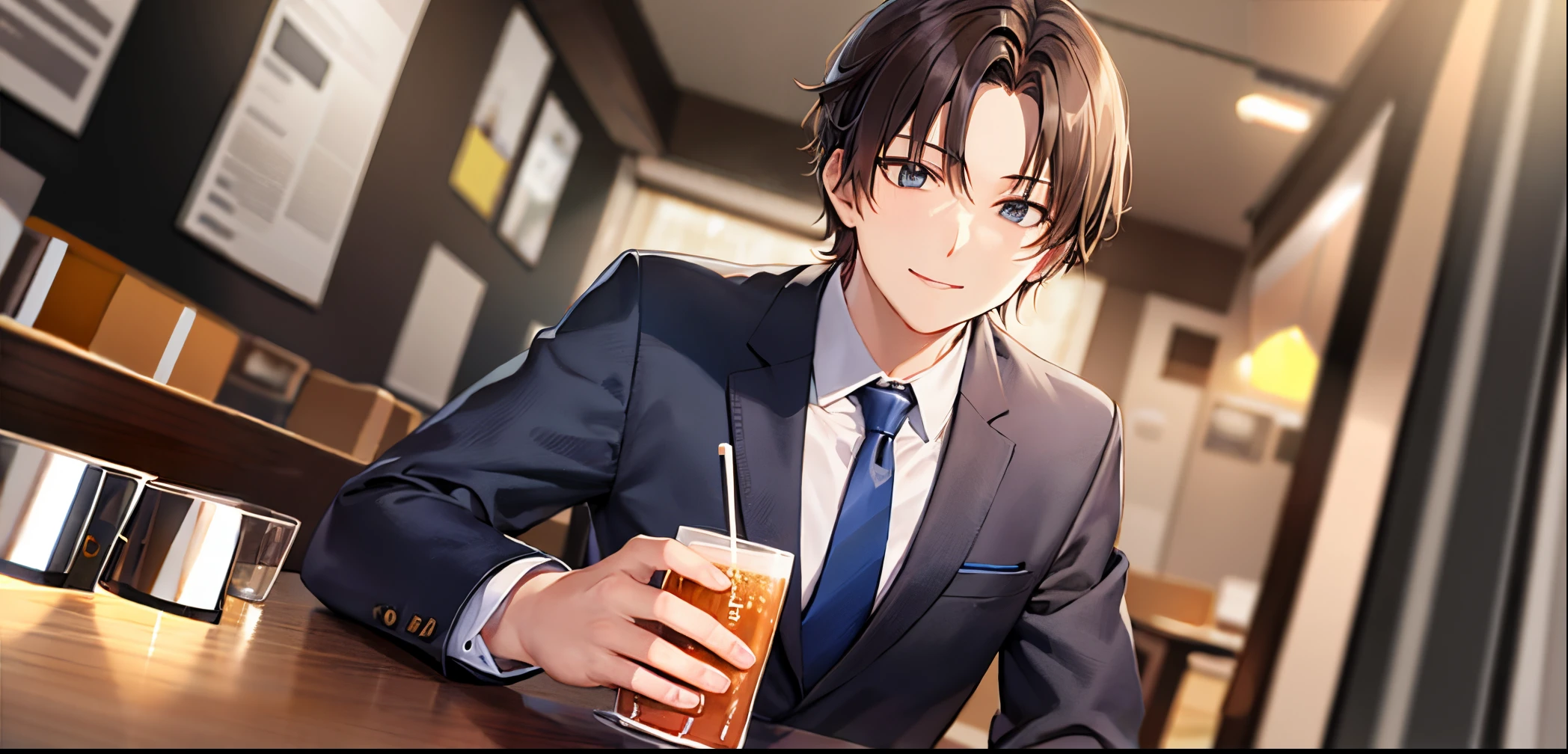 Anime man in suit sitting at a table with a drink - SeaArt AI