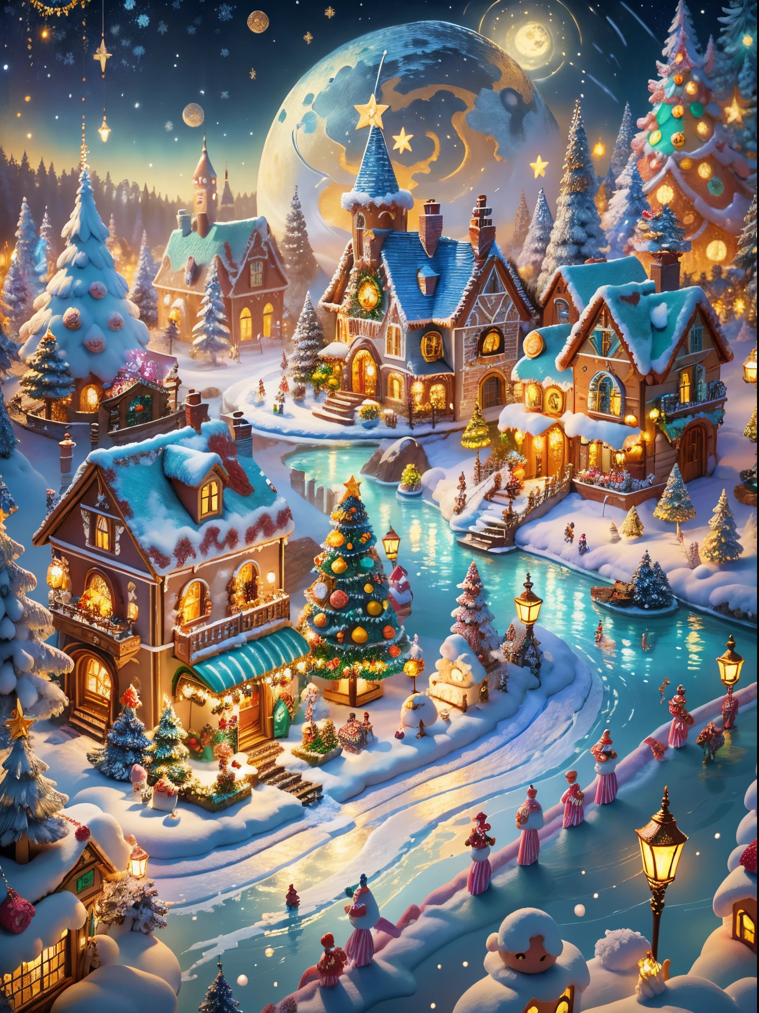 (obra maestra),（ultra-detallado：1.3），La mejor calidad en el mejor de los casos.，（espumoso:1.2），（Pueblo navideño en un cuento de hadas de ensueño.:1.4），(Arquitectura navideña estilo Van Gogh: 1.5),（la luna vacia），((Deliciosos dulces，árbol de Navidad, regalos, medias de Navidad, lindo hombre de jengibre，chapoteo de la casa de chocolate)), estilo de ilustración, y decoraciones, Pueblo navideño de fantasía, Precioso estilo de diseño, la noche，campo de nieve，luna llena，colores vibrantes、 ((fantasía caprichosa y encantadora)), Retrato surrealista, (Pueblo de cuento de hadas con temática de fantasía), (Accesorios de relojería caprichosos), (vistoso, Paisaje lleno de dulces), (Encantador, criaturas fantásticas), (un vibrante, edificio color caramelo), (Camino de dulces y caramelos), (castillo de caramelo) en distancia, (Como un espejo, Accesorios de reloj obra maestra asimétrica.), (rico, FantasticColors), (estrellas titilantes) Elevado, (sueño de cuatro dimensiones), (Ambiente encantador y encantador.), (composición juguetona), (Efectos de iluminación vívidos), 1.4x realism，hiper alta definición，Se muestra en esta hermosa escena.，（muy meticuloso，diseño razonable，Líneas claras，Alta nitidez，obra maestra，arte oficial，efecto de luz de película，8k)