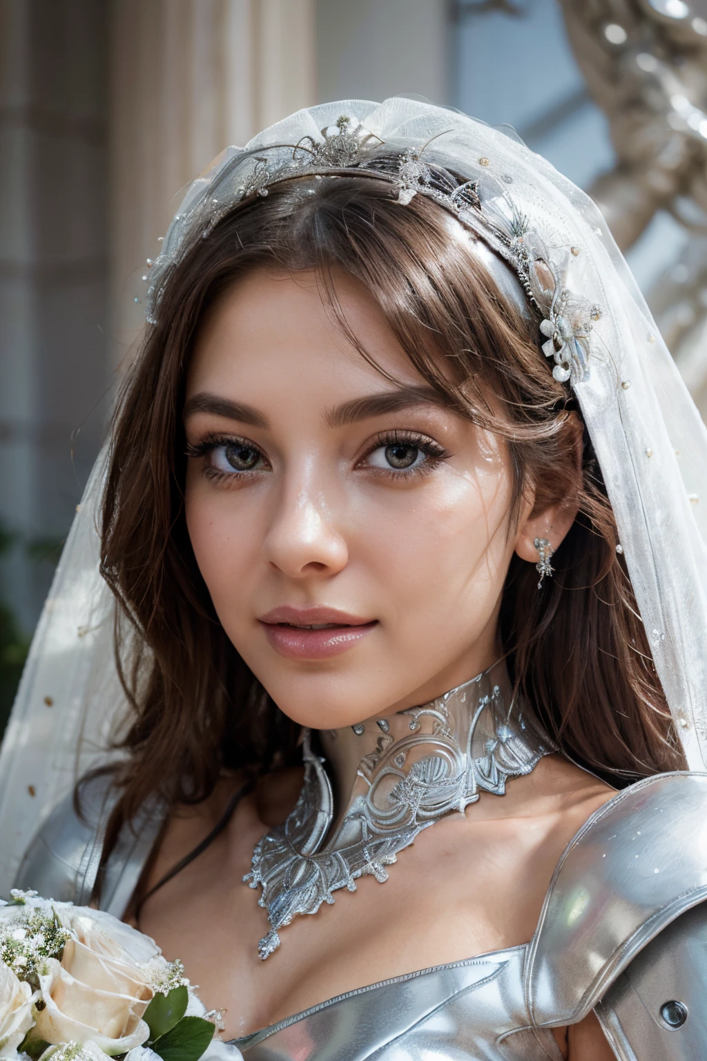 ultra-detailed, realistic robot bride, beautiful detailed eyes, beautiful detailed lips, long eyelashes, shiny metallic skin, delicate features, flowing white wedding gown, bouquet of roses, wedding veil, happy expression, soft natural lighting, romantic atmosphere, portrait style, vibrant colors, ethereal background, crisp focus, high-res masterpiece