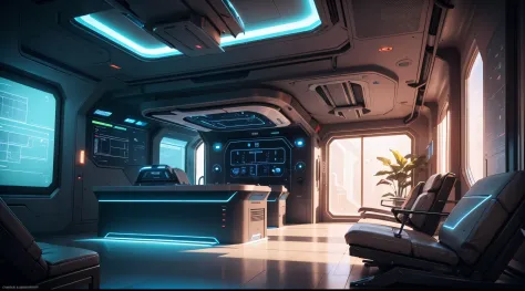 Generate an artificial intelligence image that depicts a control panel station on a sci-fi spaceship. Use 3D modeling to create a futuristic station with highly advanced control panels, hologramas, interactive interfaces and lighting that convey a technolo...