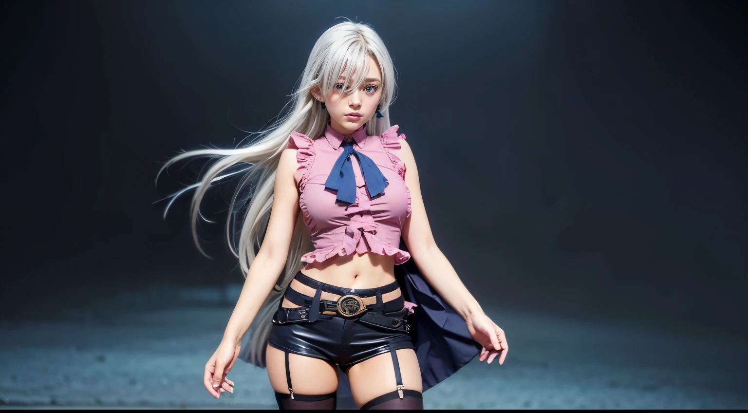 Silver hair, blue eyes, light skin, pink ruffled sleeveless blouse with blue bow, black shorts with belt and buckle, thigh-high black stocking on right leg, turquoise earrings, hand touching blue bow, (covered eye by hair:1.3), Elizabeth, upper body