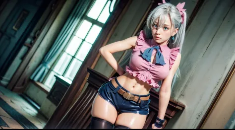 Silver hair, blue eyes, light skin, pink ruffled sleeveless blouse with blue bow, black shorts with belt and buckle, thigh-high ...