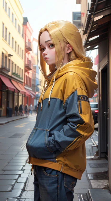 Brown eyes with yellow hair, red hoodie 
and blue jeans, standing,street background ,long hair,