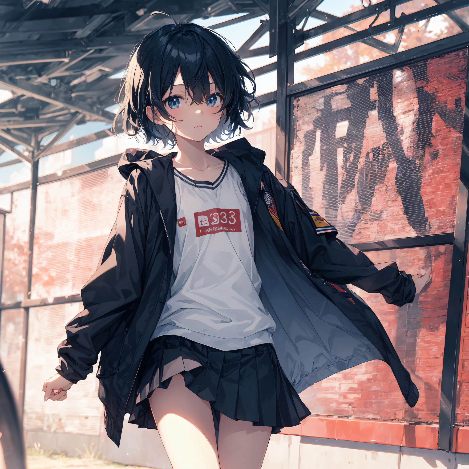 Top quality by creator God, Ultra-detailed, anime moe art style,Best Anime 8K Konachan Wallpapers,Pixiv Contest Winner,Perfect Anatomy, BREAK,(Draw a girl sleepily walking to school. ),BREAK, 1girl in, (Solo,,,13years:1.3),a junior high school student, Androgynous attraction, (Very short hair), hair messy, Full limbs, complete fingers,flat chest, Small butt, groin, Small eyes,Beautiful detailed black eyes,Well-proportioned iris and pupils, , Skirt,On the way to school. BREAK,High resolution,super detailed skin, Best lighting by professional AI, 8K, Illustration,