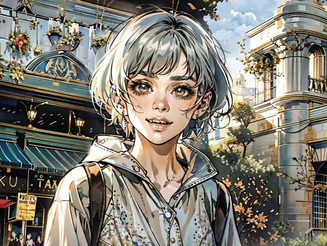 A girl with short gray hair, bright eyes, a cheerful smile, a joyful expression, a slender figure, a two-piece fantasy-realistic style jacket, short skirt that matching the outfit, barefoot, she happily leaps in front of a fantasy-style ancient ritual buil...