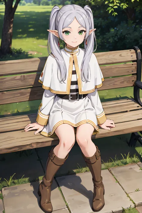 masterpiece,best quality,highres,ultra-detailed,frieren,green eyes,long hair,twintails,parted bangs,earrings,jewelry,dress,long sleeves,white capelet,belt,boots,brown footwear,outdoors,bench,sitting,smile,