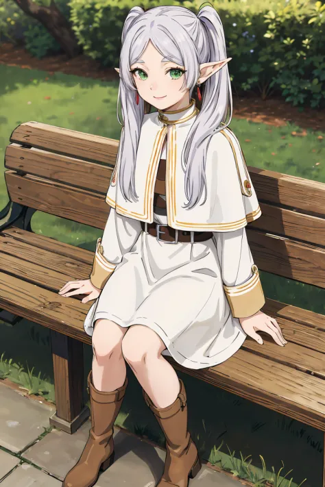 masterpiece,best quality,highres,ultra-detailed,frieren,green eyes,long hair,twintails,parted bangs,earrings,jewelry,dress,long sleeves,white capelet,belt,boots,brown footwear,outdoors,bench,sitting,smile,