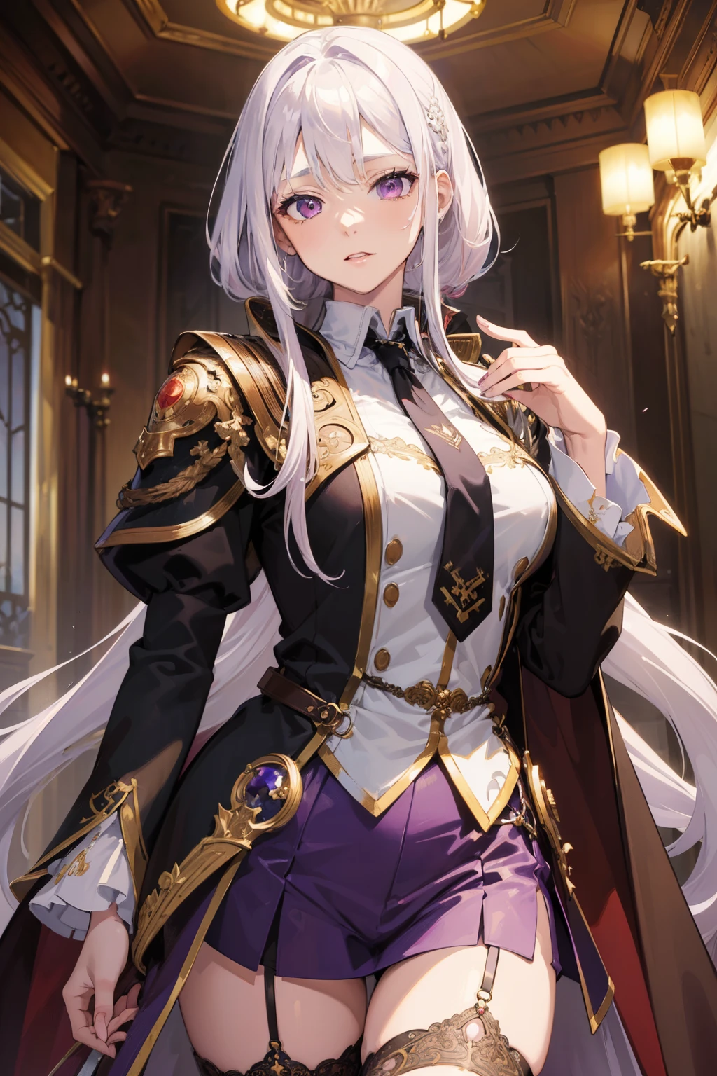 (best quality:1.3), (masterpiece:1.3), (illustration:1.3), (ultra-detailed:1.3), (imid shot:0.9), 1girl, medium breasts, purple eyes, (((white hair))), hair ornaments, tall, mature, long hair, tied hair, indoors, thigh-highs, low ponytail, upper body, close up, coat, black suit, necktie, black and purple cloak attached to her collar, shorts