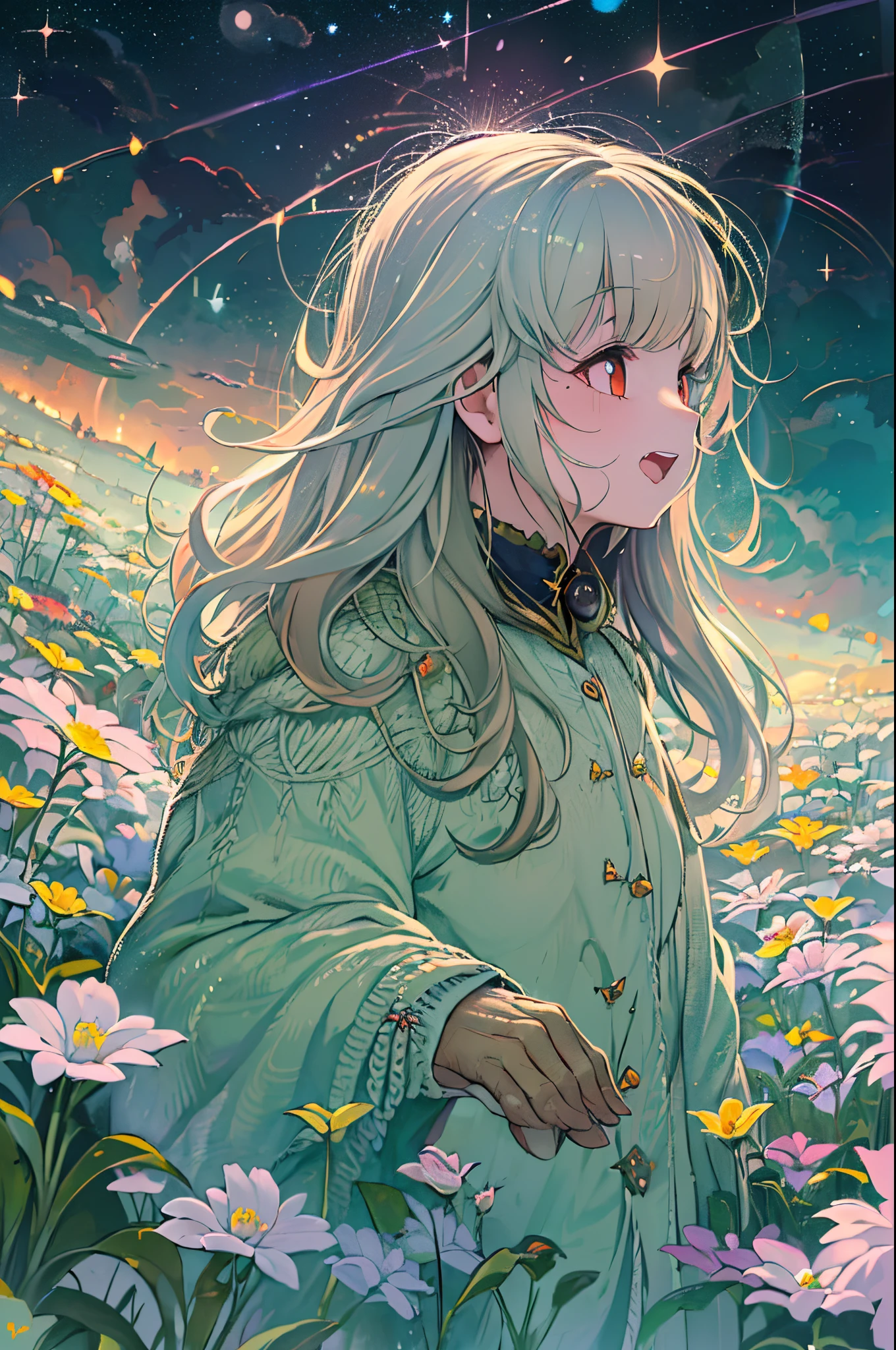 up close shot, Anime girl wearing white glass , Stand on the land,Night view ,Lots of stars in the night sky,milkyway ,Colorful flowers,Close-up of a headshot, Oil painting style, Very obvious oil painting strokes, impressionist palette style, 32K UHD, Beautiful, booru, old time, Color Cartoon - AR 3:4 --