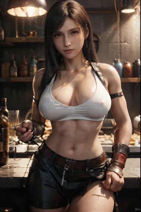 tifa ff7, (masterpiece, best quality:1.2),(8k,highres,RAW photo,realistic,photo-realistic:1.3),(detailed skin texture,detailed cloth texture,beautiful detailed face:1.25),professional lighting,photon mapping,beautiful soft light,radiosity,physically-based ...