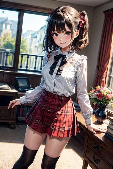 Very cute and beautiful girl,(very detailed beautiful face and eyes:1.2),(Smile),(mid-shot),
(white blouse with small frills),Long sleeve BREAK detail leg,zettai ryouiki,
Standing,stylish pose,
Dynamic Angle,Hair Ribbon,Black hair,hime-cut,(scarlet plaid m...