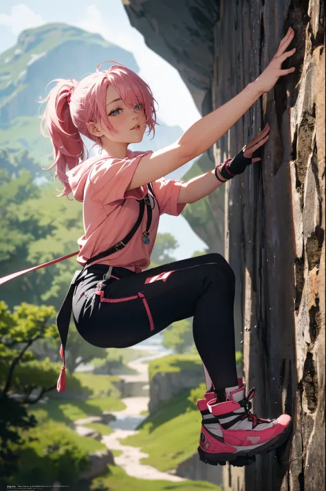 masterpiece), (best quality), 1female, doing wall climbing on a