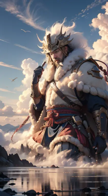 Hyper-realistic art BJ_divino_beastly,Outdoor activities,Skysky,Excellent_Erlang God Yang Jian，daysies,​​clouds,Cloudy_Skysky,sc...