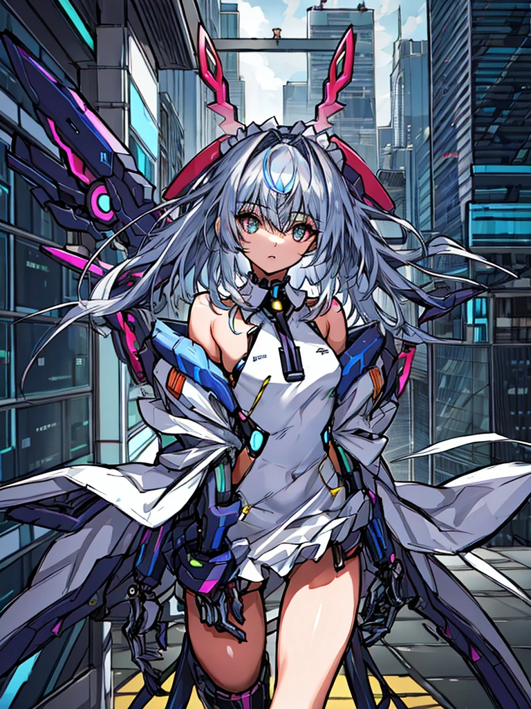 top-quality、ighly detailed、​masterpiece、ultra-detailliert、illustratio、((1girl in))、silber hair、length hair、Floating hair、、Cyber City、Neon building、(The upper part of the body:1.05)、extremely_Detailed_Eyes_And_Face,cybernetic wings mechanical wings、Random posture、Skyscraper、、Mechumusume、shrine maiden clothe,maid clothes、Random angles、anime styled,cowboy  shot