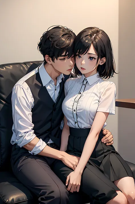 top-quality　​masterpiece　male and female couples　girl sitting on a chair wearing a tight skirt over a blouse。boys hugging each o...