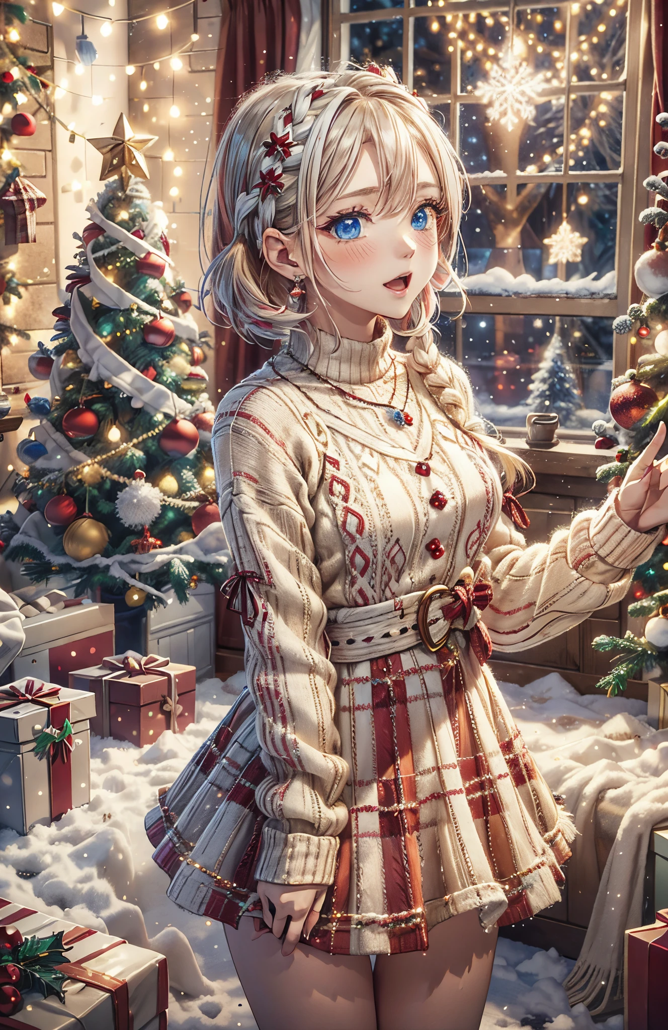 absurderes, ultra-detailliert,bright colour, Short hair,Blonde hair with fluffy short twintails:1.2) Shiny hair,(red and white plaid sweater dress:1.5),(Open mouth and laugh 1. 3),(Close one eye and feel shy:1.3),(Christmas tree:1.3),(Christmas Decorations:1.3),(colorful led lights on the wall:1.4),Delicate beautiful face, red blush、(Deep Blue Eyes:1.5), White skin, hair clips, earrings, a necklace,stand in front of the window in the room,Heavy snow outside the window,You can also see the starry sky and the aurora borealis...