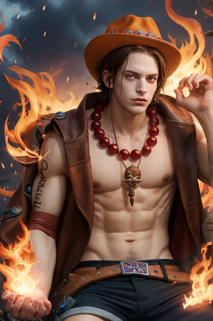 (masterpiece), (best quality:1.4), absurdres, [:intricate details:0.2], hyperrealistic, photography, kkw-ph1, 1 man, young, 18-year-old, (elven:0.7) portgas d. ace, freckles, hat, topless male, shorts, belt, jewelry, necklace, brown hair flaps, (style-swirlmagic:1.0), looking down, solo, (full body:0.6), detailed background, detailed face, (V0id3nergy, void theme:1.1)  sinister smirk, red color scheme, dark purple light, library, glowing magical runes, dark atmosphere, shadows, realistic lighting, floating particles, embers, surrounded by fire, summoning, red arcane symbols, power-hungry eyes,