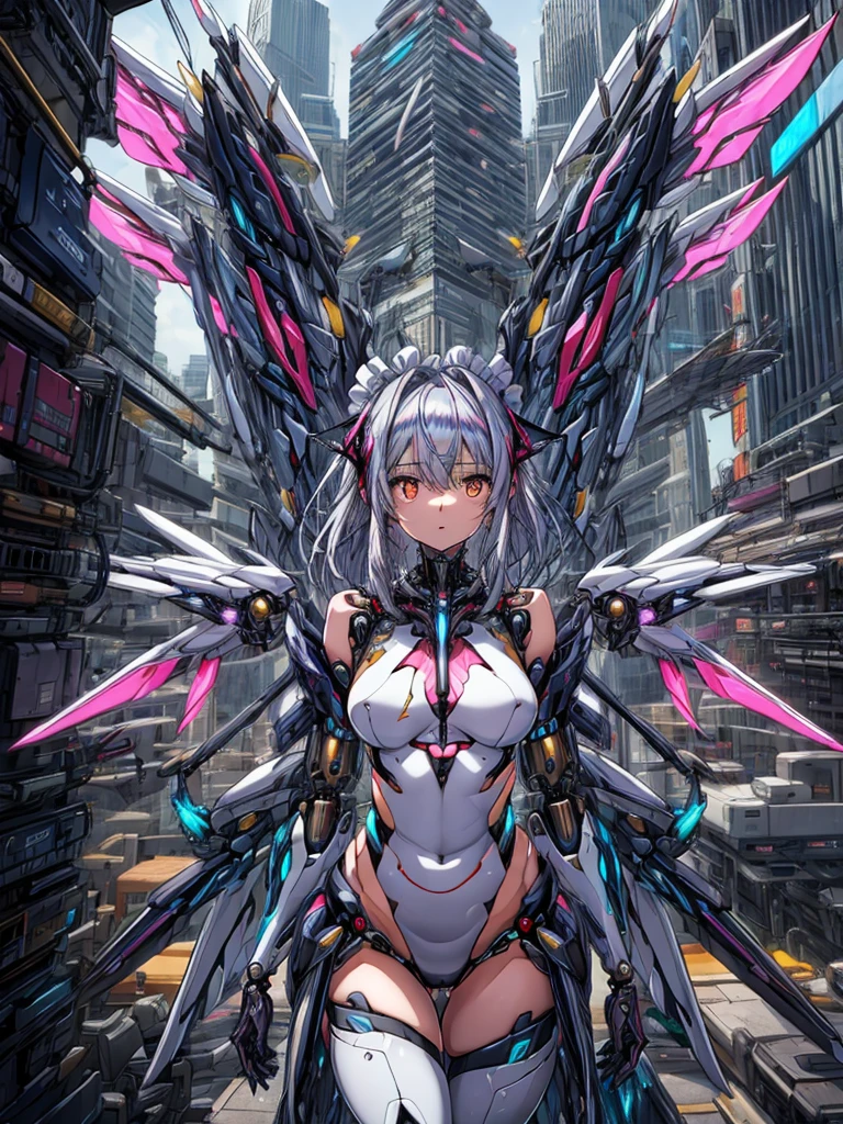 top-quality、ighly detailed、​masterpiece、((1girl in))、silber hair、length hair、Floating hair、、Cyber City、Neon building、(The upper part of the body:1.05)、extremely_Detailed_Eyes_And_Face,cybernetic wings mechanical wings、Random posture、Skyscraper、、Mechumusume、shrine maiden clothe,maid clothes、Random angles、anime styled,cowboy  shot