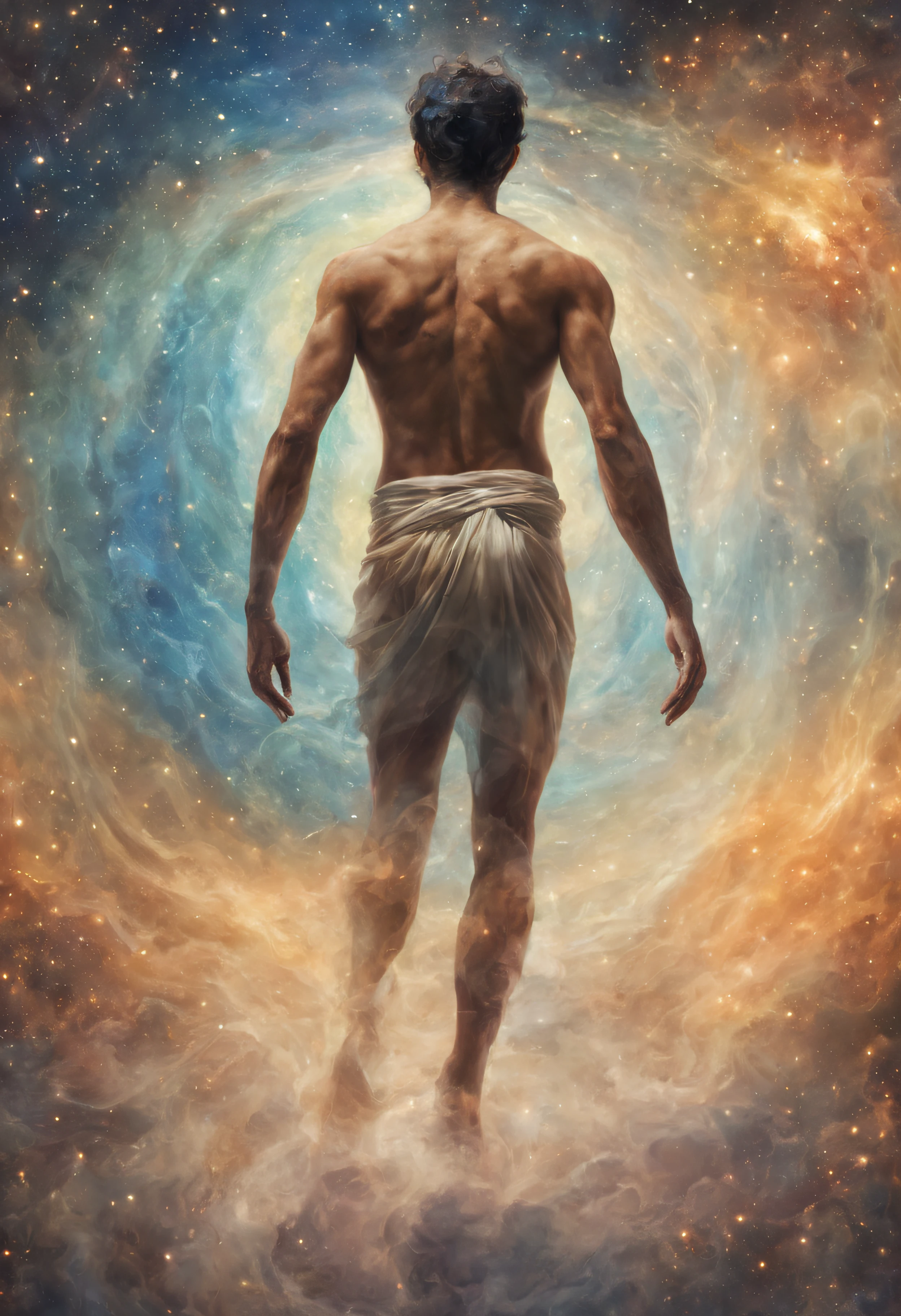 Corredor, vista das costas do homem, Homem místico no meio do universo Corpo astral, meditação profunda, Etéric atmosphere, Aurico