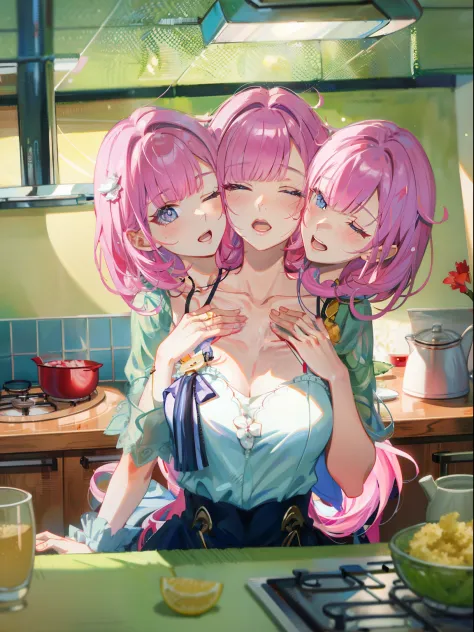 (masterpiece, best quality), best resolution, (3heads:1.5), 1girl, weary, headache, hangover, in pain, dizzy, pink hair, blue eyes, one eye closed, open mouth, hand on forehead, apartment kitchen
