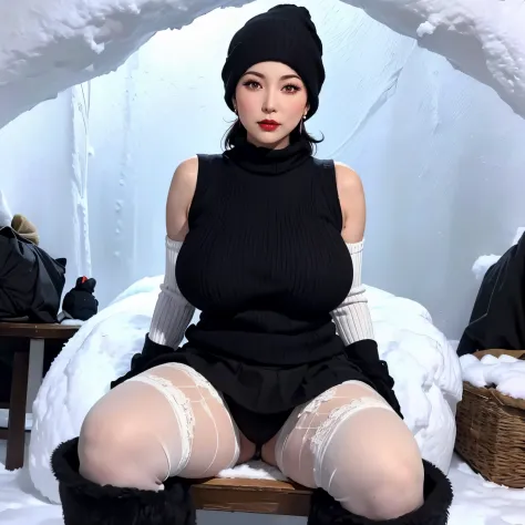 (masterpiece:1.1, Best Quality:1.1, 16K HDR, High resolution), (1girl in, 1 old man in), (Ultra-beautiful mature Japanese female, older, milf), (Black hair, knit cap:1.3), (snow gloves:1.15, snow scarf, turtle neck sweater, sleeveless sweater, mini skirt, ...