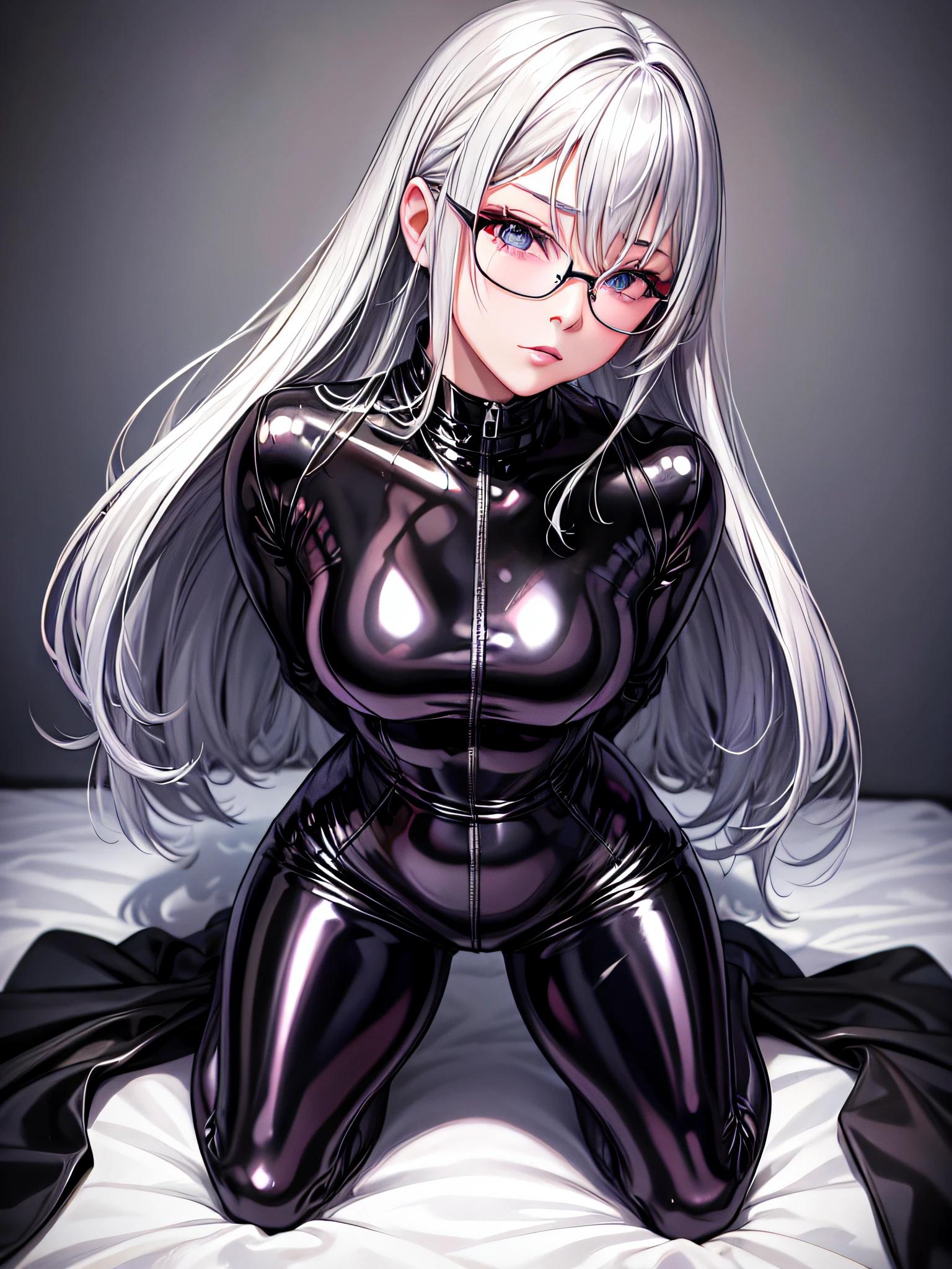 top-quality、8K  UHD、A beautiful silver-haired woman with a small nose wearing glasses and a latex sweatsuit is kneeling.、Shiny latex sweatsuit with hidden skin、Angle from below、solo、 there is a woman in a black dress posing for a picture, Wearing latex costumes, wearing black latex outfit, sexy dress, shiny black dress, black leather slim clothes