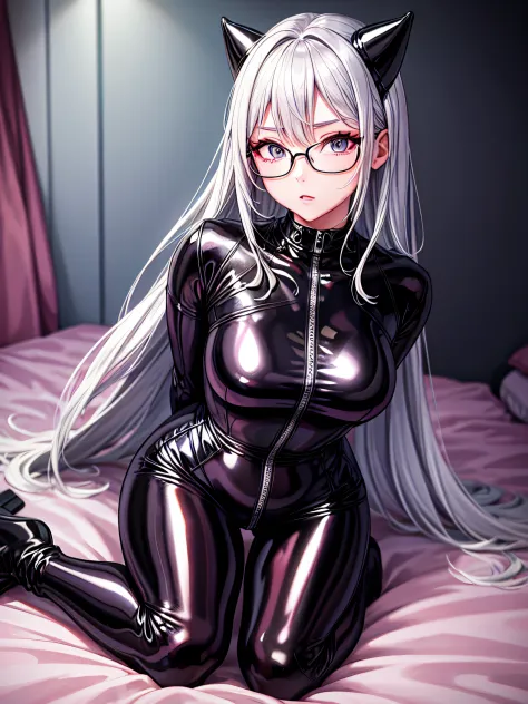 top-quality、8K UHD、A beautiful silver-haired woman with a small nose wearing glasses and a latex sweatsuit is kneeling.、Shiny la...