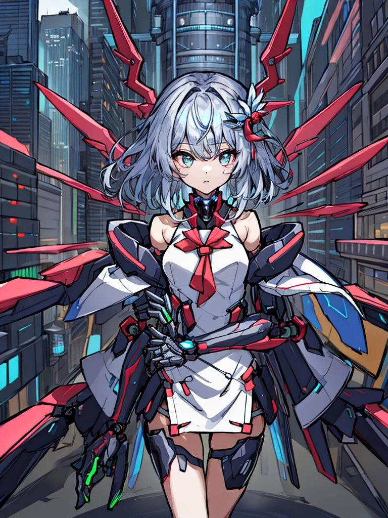 top-quality、ighly detailed、​masterpiece、ultra-detailliert、illustratio、((1girl in))、silber hair、length hair、Floating hair、、Cyber City、Neon building、(The upper part of the body:1.05)、extremely_Detailed_Eyes_And_Face,cybernetic wings mechanical wings、Random posture、Skyscraper、、Mechumusume、shrine maiden clothe,maid clothes、Random angles、anime styled,cowboy  shot