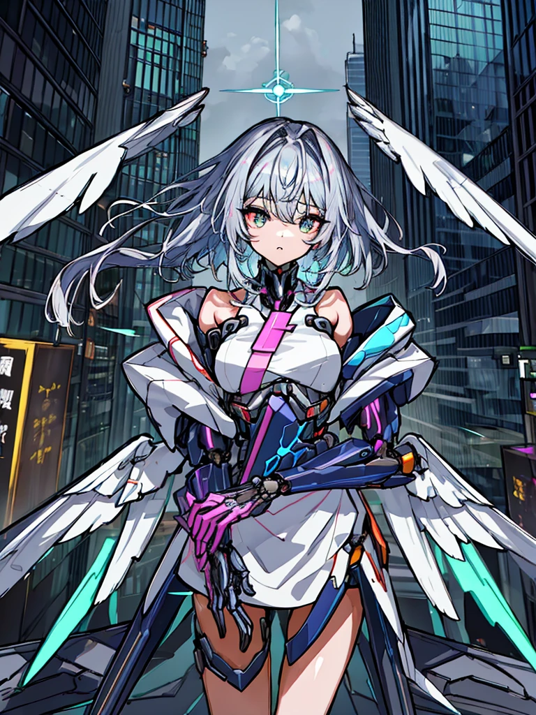 top-quality、ighly detailed、​masterpiece、ultra-detailliert、illustratio、((1girl in))、silber hair、length hair、Floating hair、、Cyber City、Neon building、(The upper part of the body:1.05)、extremely_Detailed_Eyes_And_Face,cybernetic wings mechanical wings、Random posture、Skyscraper、、Mechumusume、shrine maiden clothe,maid clothes、Random angles、anime styled,cowboy  shot