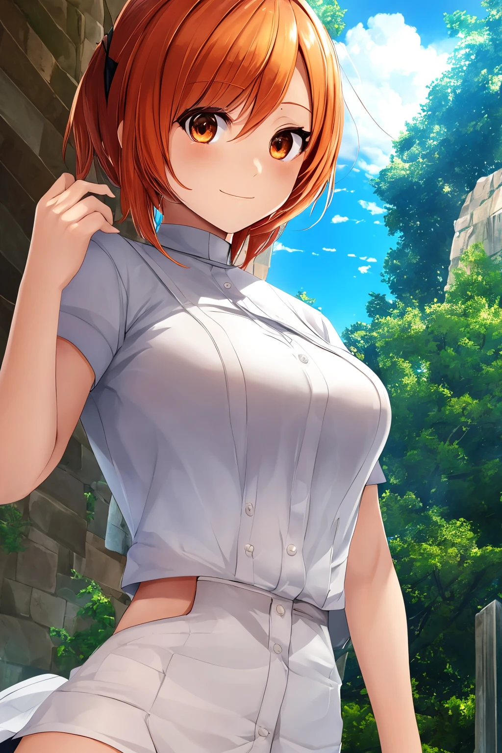 Menina de anime com corte de cabelo pixie curto e fofo, cabelo laranja, olhos laranja, seios grandes e volumosos com tamanho hh, vestindo uma roupa de freira, bonito cara feliz, corpo em forma, personagens waifu