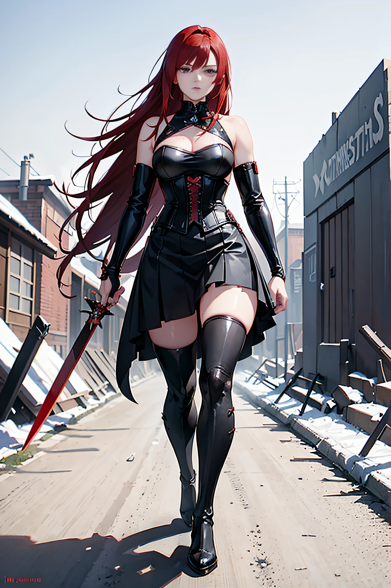 Mulher ruiva com espartilho preto caminha no campo de batalha, Saia de combate，Há uma marca vermelha no centro da sobrancelha，ação feminina anime garota,Retrato Ninja Gaiden，Espada longa de uma mão，uma mulher violenta muito bonita, garota de anime cyberpunk, Garota gótica linda assassina feminina，arrogante，apatia