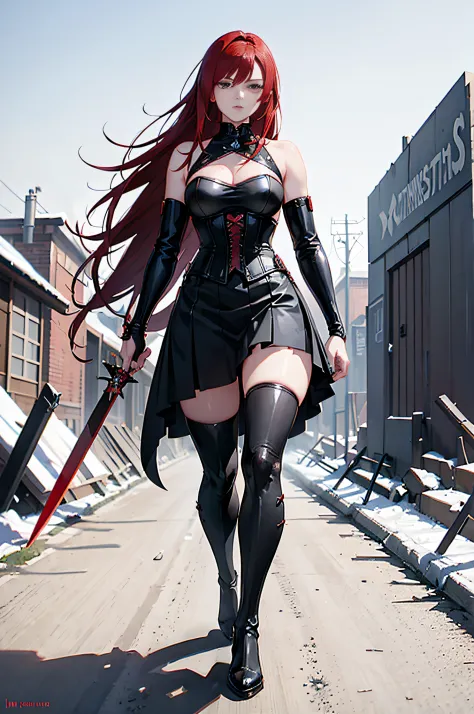 Red-haired woman in black corset walks on battlefield, Combat skirt，There  a red mark in the center of the eyebrow，Female action...