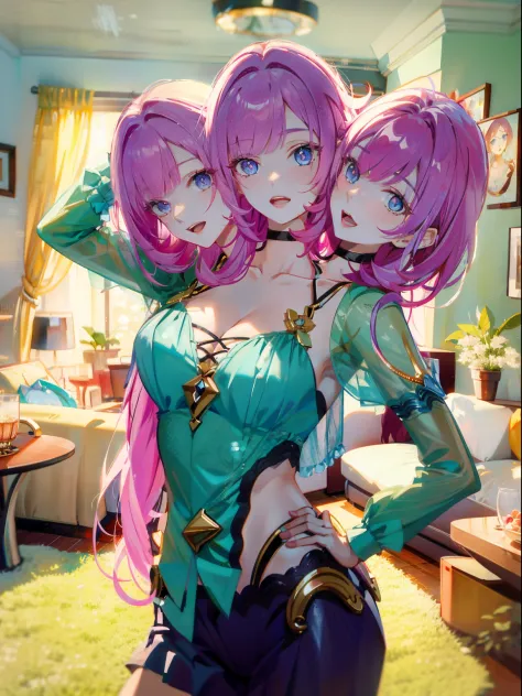 (masterpiece, best quality), best resolution, (3heads:1.5), 1girl, pink hair, blue eyes, open mouth, looking at viewer, hands on hip, apartment