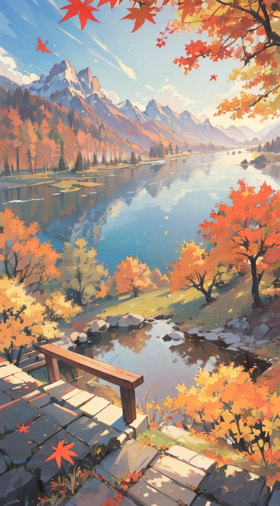 (autumn landscape, vibrant colors, golden leaves, peaceful atmosphere, warm sunlight, serene ambiance, gentle breeze, breathtaking view, distant mountains, quiet park, falling leaves, cozy feeling, calm serenity, tranquil mood, picturesque scene, nature's beauty, soothing colors, crisp air, quiet contemplation, tranquil beauty)