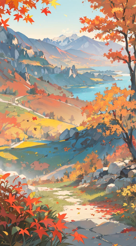 (autumn landscape, vibrant colors, golden leaves, peaceful atmosphere, warm sunlight, serene ambiance, gentle breeze, breathtaking view, distant mountains, quiet park, falling leaves, cozy feeling, calm serenity, tranquil mood, picturesque scene, nature's beauty, soothing colors, crisp air, quiet contemplation, tranquil beauty)