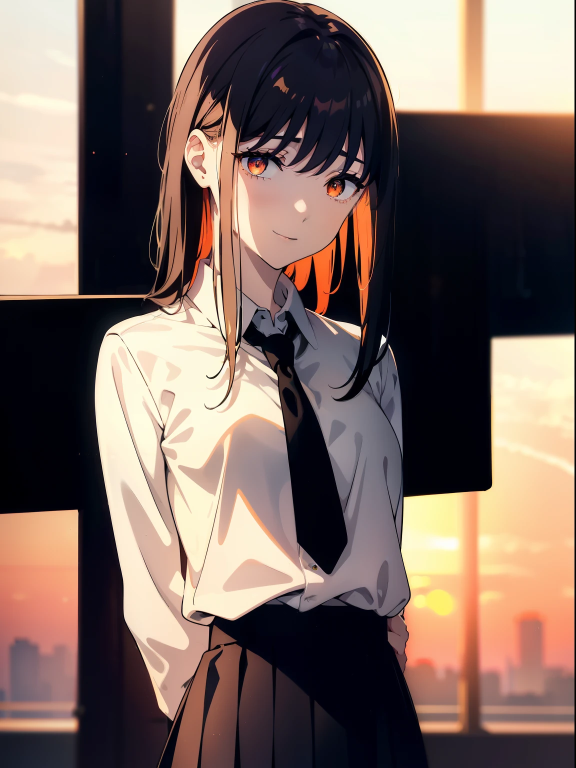 (Obra maestra, La mejor calidad, ultrahigh resolution), 1girl, , white office shirt, black pleated skirt, light brown hair, long hair cut, pale skin, (orange eyes), glowing_eyes, neon eyes, (ultra detailed eyes, beautiful and detailed face, detailed eyes), ((centered)), smile, ((wide shot)), facing viewer, eye level, (blurry background, sunset background), flat chested, looking at viewer, half closed eyes, (perfect hands), (head, arms, hips, elbows, in view), ((tall)), ((hands behind back)), empty eyes