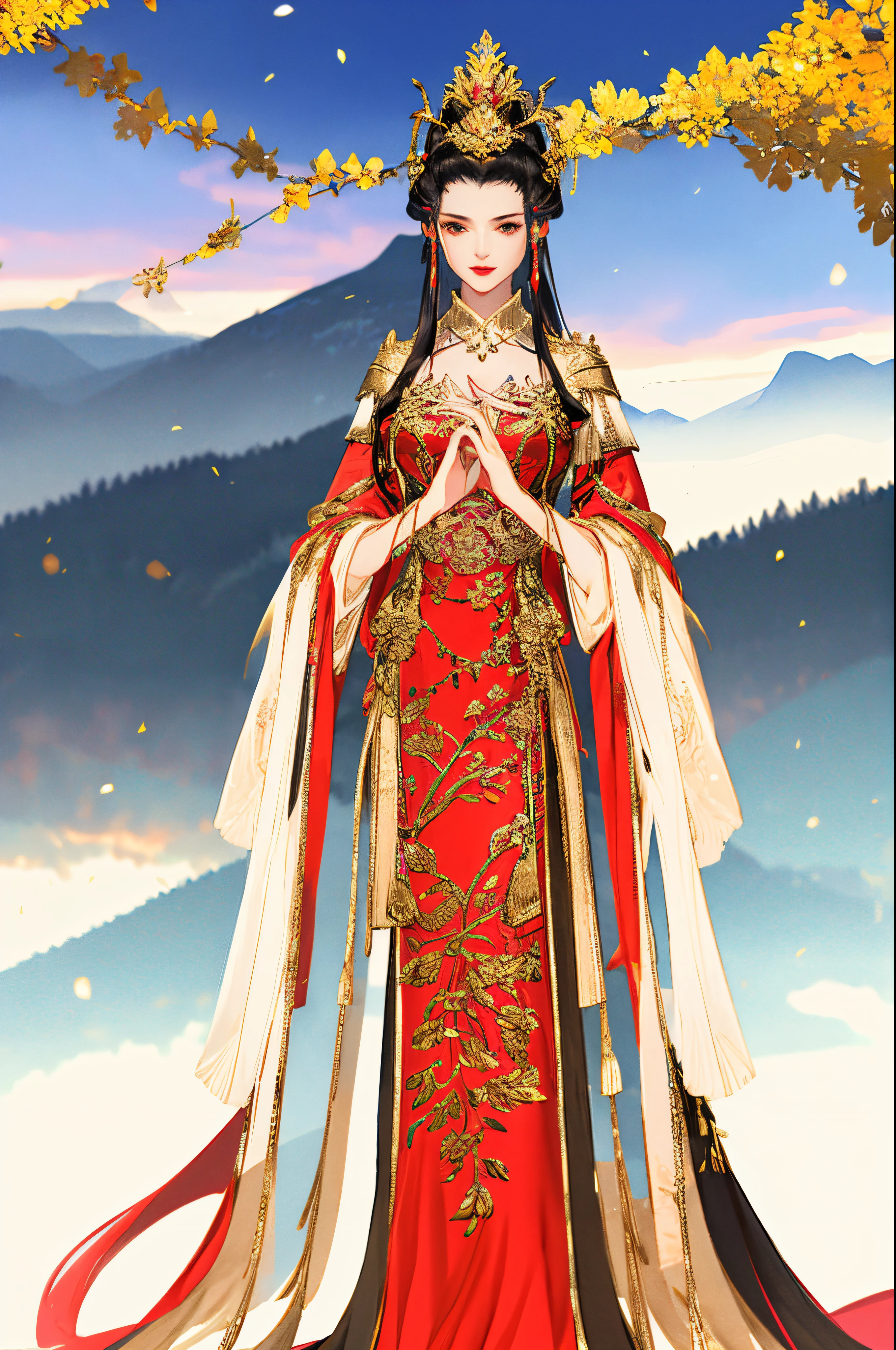 Golden Crown Black Hair Red Dress，Sexy figure，full bust，mountain standing painting，Standing Picture，Full body lesbian！！facing at the camera，Shy posture，ultraclear，Ultra-detailed image quality