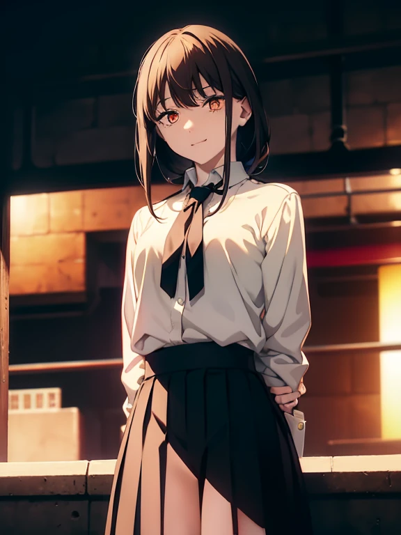 (Obra maestra, La mejor calidad, ultrahigh resolution), 1girl, school uniform, white office shirt, black pleated skirt, light brown hair, long hair cut, pale skin, (orange eyes), glowing_eyes, neon eyes, (ultra detailed eyes, beautiful and detailed face, detailed eyes), ((centered)), smile, ((wide shot)), facing viewer, eye level, (blurry background, sunset background), flat chested, looking at viewer, half closed eyes, (perfect hands), (head, arms, hips, elbows, in view), ((tall)), ((hands behind back)), empty eyes